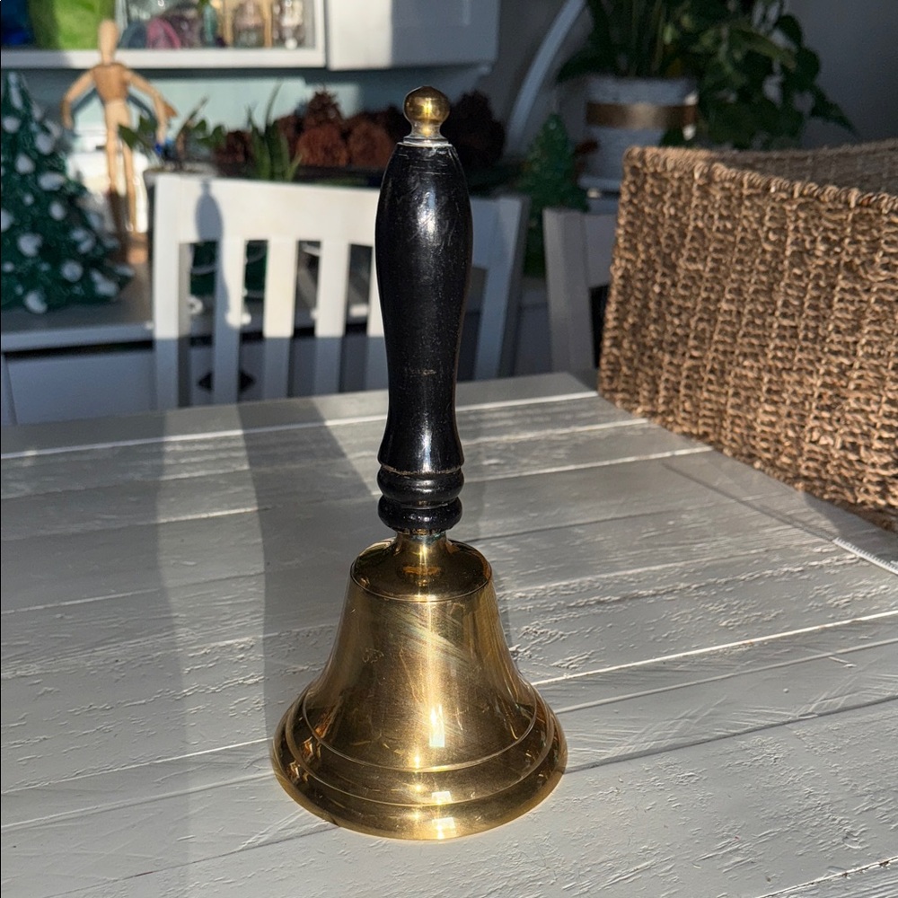 Vintage 10” Brass Bell Wooden Handle Teachers Old School Bell
